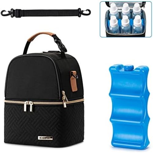 Breastmilk Cooler Bag with Ice Pack Fits 6 Baby Bottles Up to 9 Ounce,Breast Pump Bag with Shoulder Strap Double Layers Cooling Bag for Nursing Mom Daycare, Outdoor,Work-Black