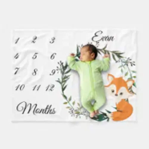 Milestone Baby Fox Leaf Wreath Keepsake Fleece Blanket | Zazzle