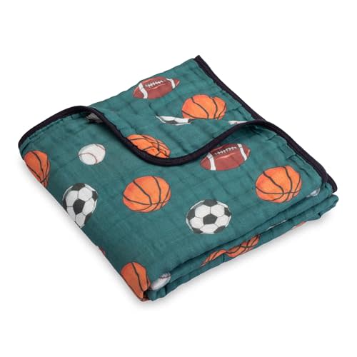 LollyBanks Muslin Baby Blanket 100% Organic Cotton, Muslin Quilt Lightweight, 6 Layers Baby Blankets 47"x 47", Muslin Blanket for Boys, Nursery Receiving Blankets (Sports, Balls Print)
