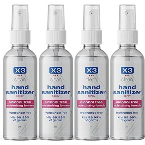 Hand Sanitizer Spray, Alcohol Free, Fragrance Free, Kills 99.9% of Bacteria, Travel Size 2 oz (Pack of 4)