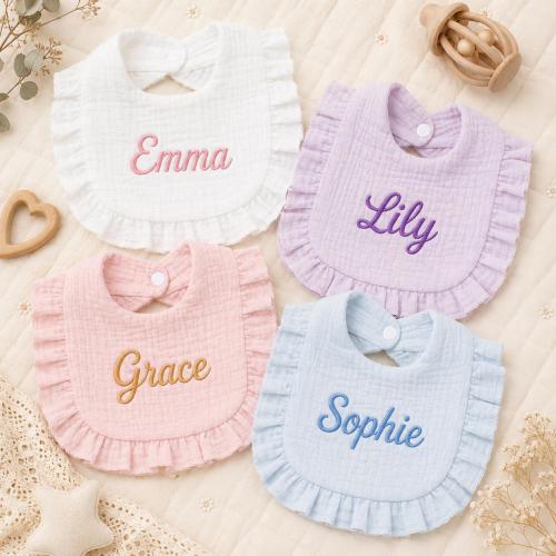 Personalized Baby Girl Bib with Ruffle Edge Custom Name Embroidered Drool Bib Infant Feeding Bib Baby Shower Gift Soft Cotton Style Bib