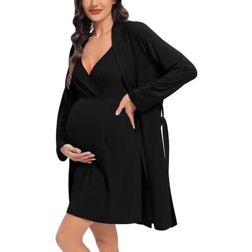 DIKFA Womens Maternity Set 2PCS Nursing Nightgown for Breastfeeding 3 in 1 Labor Delivery Nursing Dress Birthing Bathrobe Set