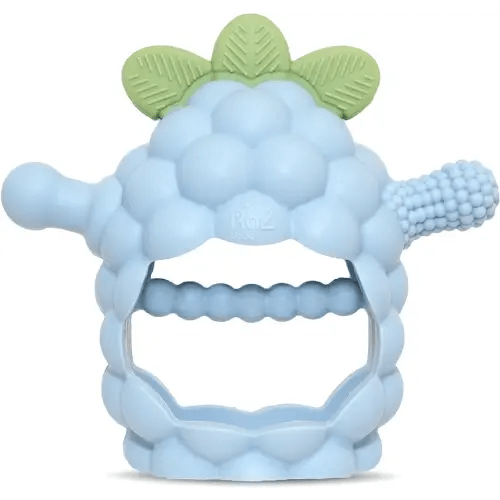 RaZbaby RaZberry Grip Silicone Teether Toy for 3M+ | Drop Resistant Hand Held Teether for Babies and Infants - Designed by Nature with Our Patented BerryBumps Multitextured Design | 3M+, Blue