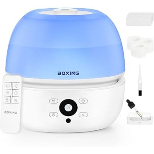 BOXING Top Fill Humidifiers for Bedroom Baby with Easy Remote, 20dB Quiet Cool Mist Air Humidifier for Large Room Home & Indoor Plants, 7 Color Night Light, Essential Oil Tray, Timer, Sleep Mode,3L