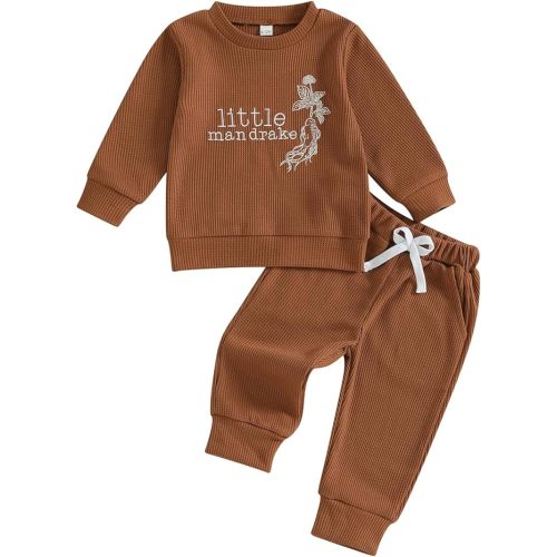 Gueuusu Toddler Baby Boy Girl Fall Outfit Letters Embroidery Long Sleeve Waffle Knit Sweatshirt and Pants Set