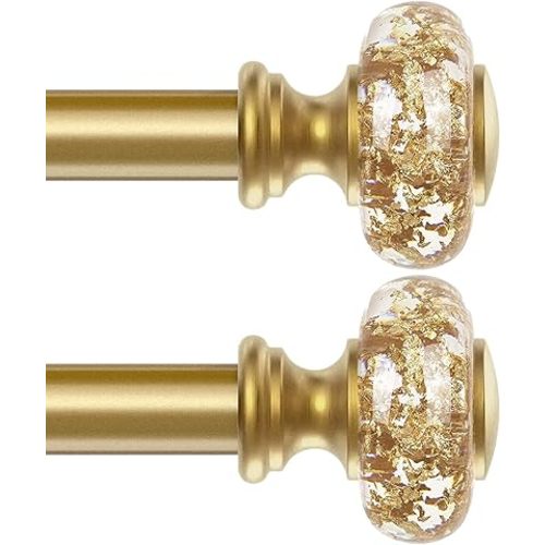 2 Pack Gold Curtain Rods for Windows 32-72 Inch: 1 Inch Adjustable Acrylic Drapery Rod with Translucent Gold Foil Finials- Single Decorative Curtain Rod for Bedroom & Bathroom
