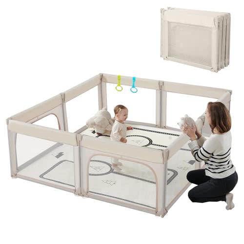 Doradotey Baby Playpen, Shape Adjustable Large & Small Playard for Toddlers, Foldable Playpen Baby Fence Indoors Play Center Yards, Breathable Mesh Anti-Fall Play Pens(71x79 Khaki)