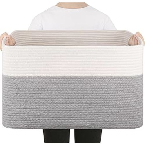 75L Large Blanket Basket, Toy Basket Bin for Kids, Cotton Rope Woven Storage Baskets for Living Room, Bedroom, Nursery, Baby Room Decorative Organizer, 22''×17''×12'', Grey and White