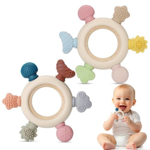2 Packs Baby Teething Toy for Babies 0-3-6-12,18 Months, BPA Free Silicone & Natural Beech Baby Teething Ring for Teething Relief, Wooden Ring Toy for Newborn Boys, Girls