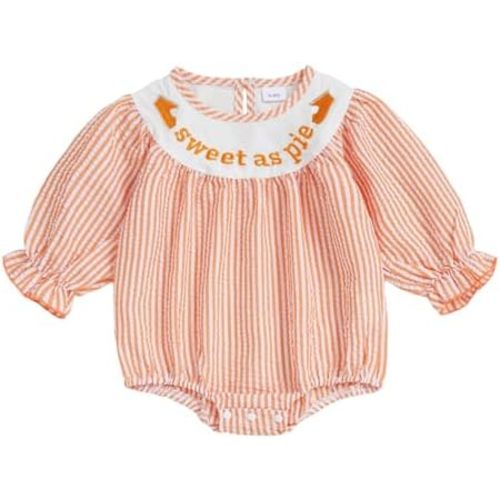 My First Thanksgiving Baby Girl Outfit Turkey Embroidery Smocked Romper Long Sleeve Striped Jumpsuit Fall Clothes