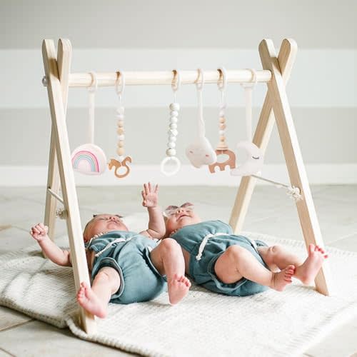 Wooden Baby Gym with 6 Gym Toys, Foldable Baby Play Gym, Natural Pine Wood Play Gym, Frame Activity Center Hanging Bar, Wooden Play Gym