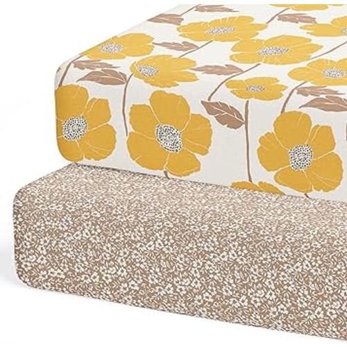 Crib Sheets Neutral - Fitted Baby Crib Sheets Bed for Girl Boy - 2 Pack Standard & Toddler Mattress (Poppy Fields) - Buttery Soft Organic Cotton Blend