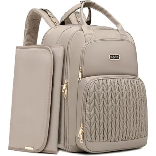 Diaper Bag Backpack - Extra Large Diaper Bag for Two Kids Twins (Expandable 30-38L) - Travel Baby Backpack with Changing Pad for Mom Dad (Quilted, Water Resistant, Brown Taupe)