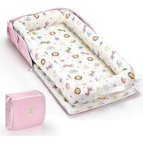 Baby Lounger for Newborn, Portable Infant Lounger for 0-24 Months Newborn, Home Travel Dual-Purpose Baby Nest (Animal World Pink)