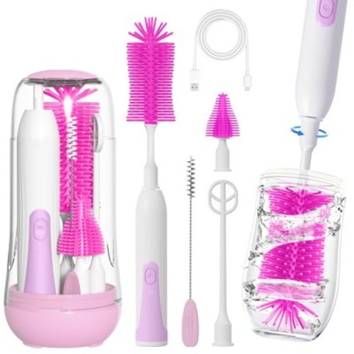 Electric Bottle Brush Cleaner, Portable Rechargable Baby Bottle Brush Kit for Travel with Silicone Nipple & Straw Brush, Drainage Rack, Storage Box, Perfect Essentials Gift for Mom After Birth