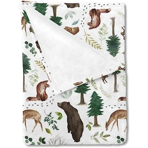 HawSkgFub Woodland Forest Animals Baby Blanket Boys Shower Gift, Pine Tree Bear Fox Deer Leaf Flannel Fleece Nursery Bed Receiving Swaddle, Soft Lightweight Newborn Infant Toddler Crib Bedding 30 x 40