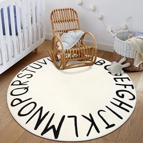 LIVEBOX ABC Play Room Round Rug Alphabet Play Mat, Circle Washable Rug Educationa Nursery Rug for Baby Boy and Girl Room, Non-Slip Learning Carpet for Children Playroom Classroom (47",Black,Beige)