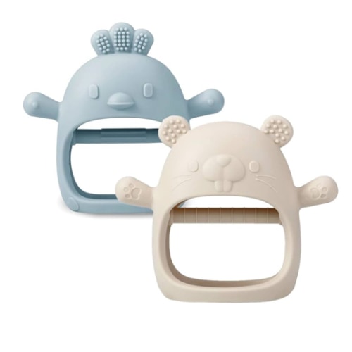 PandaEar 2 Pack Silicone Teething Toys | Baby Teether Mitten & Hand Pacifier for Soothing Teething Pain Relief (White/Blue)