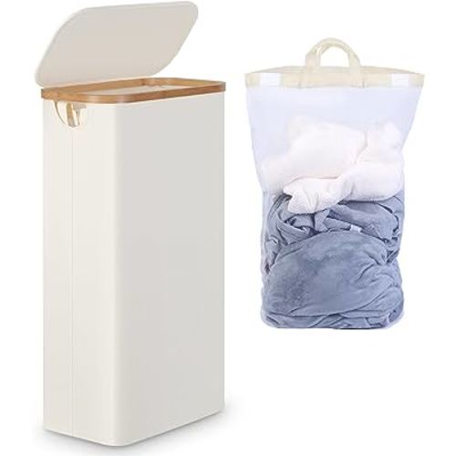 efluky Slim Laundry Hamper with Lid, Narrow Laundry Hamper with Removable Bags, Collapsible Dirty Clothes Basket with Handles for Bathroom, Bedroom & Laundry Room, 63L Beige