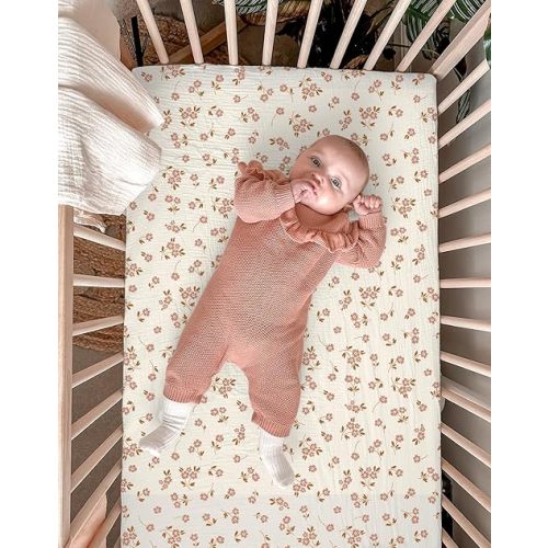 Mini Crib Sheets for Baby Boy Girl 2 Pack, Neutral Mini Crib Mattress Sheet 24" x 38", Muslin Nursery Bedding Soft and Breathable Comfort(Floral & Pink)