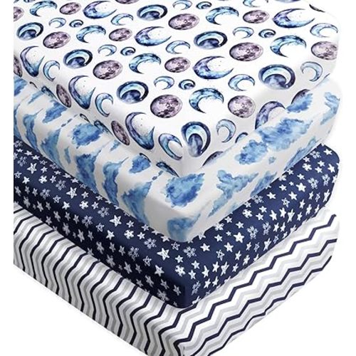 4 Pack Crib Sheets for Baby Boys Neutral Unisex Fitted Breathable Baby Crib Mattress Sheets for Standard Crib and Toddler Mattresses (Sky)