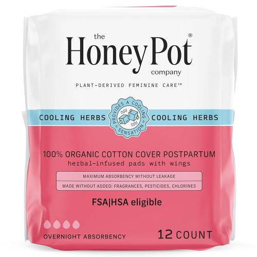 The Honey Pot Company - Herbal Postpartum Pads w/Wings - Infused w/Essential Oils for Cooling Effect, Organic Cotton Cover, & Ultra-Absorbent - 12ct