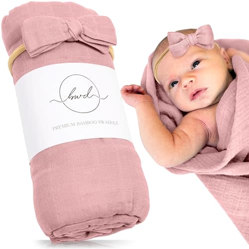BWD Baby Swaddle Blanket – Ultra-Soft Bamboo Viscose & Organic Cotton Muslin – Lightweight, Breathable, Stretchy – Newborn Essential 47" (Dusty Rose)
