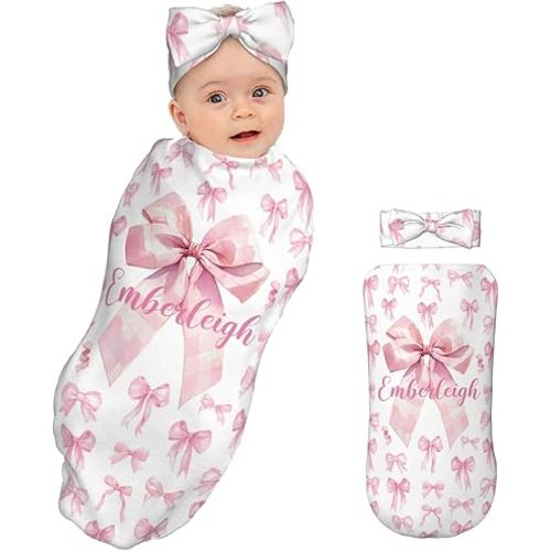Personalized Newborn Swaddle Set with Name for Girls, Custom Pink Bow Newborn Receiving Blanket with Matching Headband Set, Gift for Baby Shower, Customized Gifts for Baby Girl