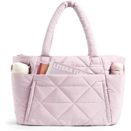 BAGSMART Tote Bag for Women, Puffy Tote Bag with Zipper, Large Quilted Shoulder Bag with Compartments for Travel, Work, Gym