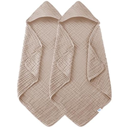 SWEET DOLPHIN Muslin Hooded Baby Bath Towels - 2 Pack 100% Cotton Towel for Babies, Infants, Toddlers - 32x32Inch - Highly Absorbent and Newborn Essential, Brown