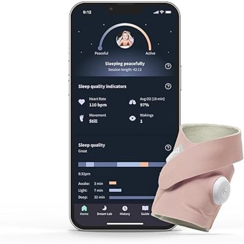 Owlet Dream Sock - Smart Baby Monitor View Heart Rate and Average Oxygen O2 as Sleep Quality Indicators. Wakings, Movement, and Sleep State. Digital Sleep Coach and Sleep Assist Prompts, Rose
