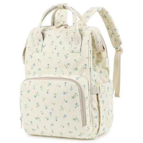 Baby Diaper Bag Backpack for Mom, Large Capacity Travel Nappy Bag for Boys & Girls with Stroller Straps (Corduroy Flowers Blue)