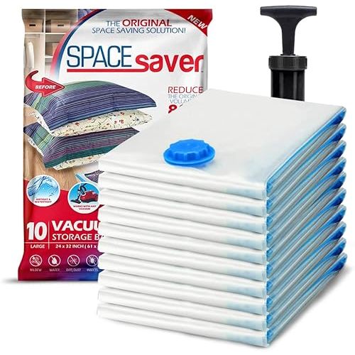 Spacesaver Premium Vacuum Storage Bags. 80% More Storage! Hand-Pump for Travel! Double-Zip Seal and Triple Seal Valve! Vacuum Sealer Bags for Comforters, Blankets, Bedding, Clothing! (Large 10 Pack)