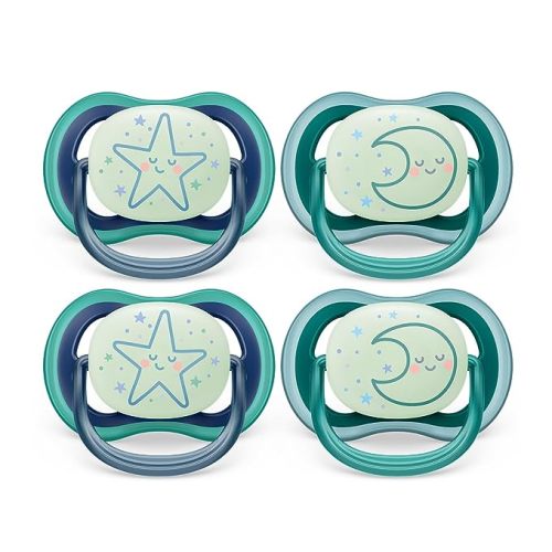 Philips Avent Ultra Air Pacifier - 4 x Light, Breathable Glow-in-The-Dark Baby Pacifiers for Babies Aged 6-18 Months, BPA Free with Sterilizer Carry Case, SCF376/08 - Sleeping Star / Sleeping Moon