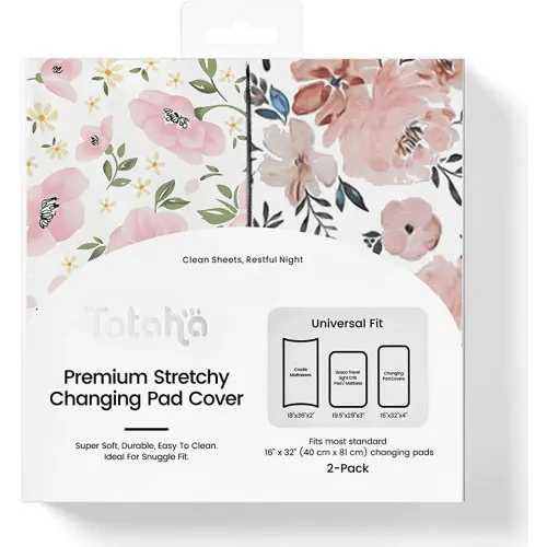 TotAha Premium Stretchy Changing Pad Covers (2-Pack) Hypoallergenic, Silky Comfort, Buttery Soft, Calming Effect, All-Season Jersey-Knit 5'' Deep Pocket(Meredith Allover Floral & Pale Pink Flowers)