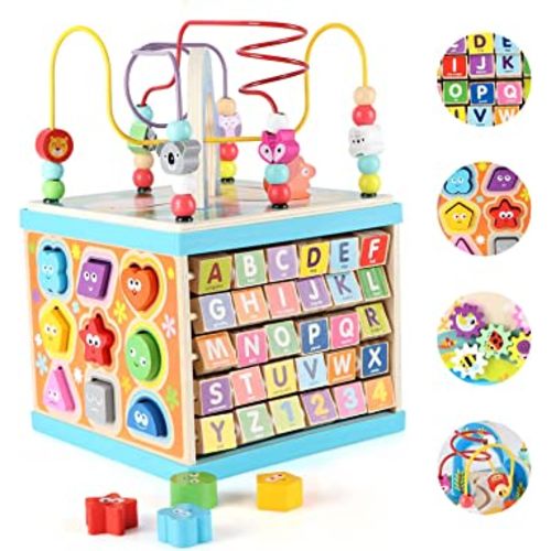 Qilay Wooden Activity Cube for Toddlers 1-3 (Large), 5 in 1 Multipurpose ABC-123 Abacus Bead Maze Shape Sorter | Early Educational Toy for Toddlers - First Birthday Present for Boys Girls