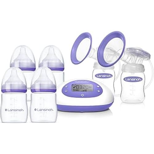 Lansinoh Oh Baby Newborn Essentials Kit – Signature Pro Double Electric Breast Pump with 25mm Flanges, 2 Feeding Bottles + 4 Count 5 oz Anti-Colic Baby Bottles with Newborn Flow Silicone Nipples