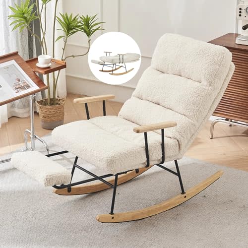 Nursery Rocking Chair with Solid Wood Legs, Glider Chair for Nursery with  Two Side Pockets, Rocker Armchair for Living Room Bedroom (Ivory White