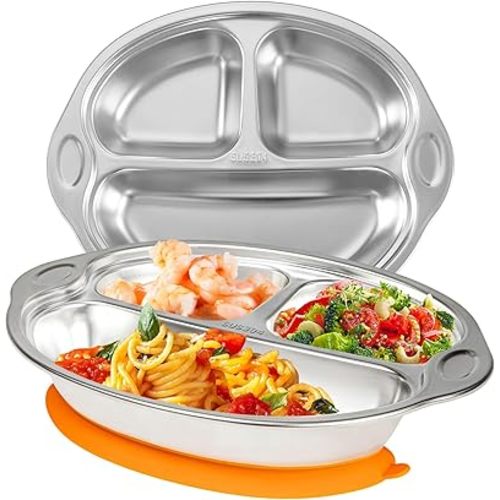 Stainless Steel Baby Suction Plates: Divided Plates Designed for Babies and Toddlers, Made of 100% Food-Grade Materials Ideal for Baby-Led Weaning BPA-Free Toddler Feeding Dishwasher Safe Orange
