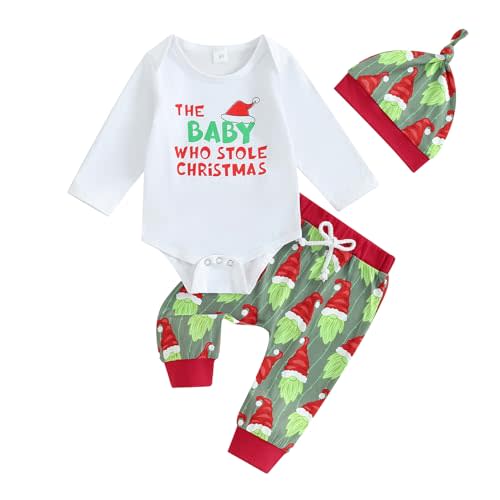 Lamuusaa Newborn Baby Boy Christmas Outfit My First Christmas Romper Shirts Long Pants Hat 3Pcs Fall Outfits 0-24M