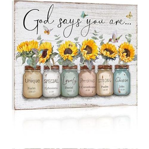 Inspirational Bible Verse Wall Art: God Says You Are Wall Sayings Sunflower in Mason Jar Picture Print Christian Gift Quotes Poster for Women Girl Bedroom Decor 12" x 15"