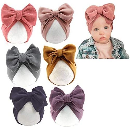 Baby Girl Velvet Big Hair Bow Knotted Head Wrap Oversized Bow Beanie India Cap Warm for Newborn Infant Toddlers 6PCS