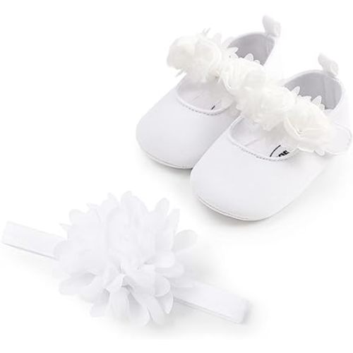 HsdsBebe 2pcs/Set Newborn Baby Girl Princess Mary Jane Shoes Toddler Infant Wedding Dress Flat Shoes with Free Headband