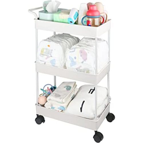 Volnamal Baby Diaper Caddy, Plastic Movable Cart for Newborn Nursery Essentials Diaper Storage Caddy Organizer for Changing Table & Crib, Easy to Assemble, Beige