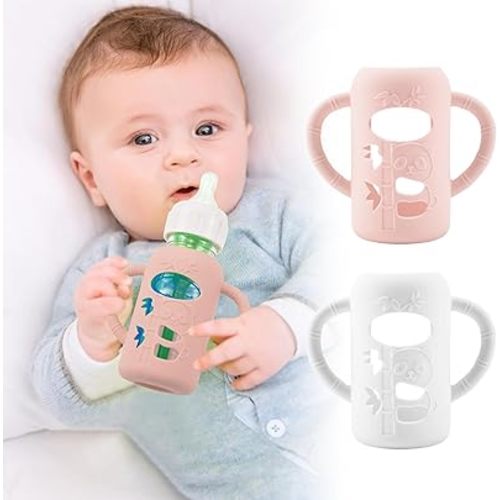 2 Pack Silicone Sleeves for Dr. Brown's Glass Baby Bottles, Anti Breakage Durable Baby Bottle Holder with Easy Grip Handles, Narrow Sleeve with a Cutout, Dishwasher/Freezer/Microwave Safe, 4 oz