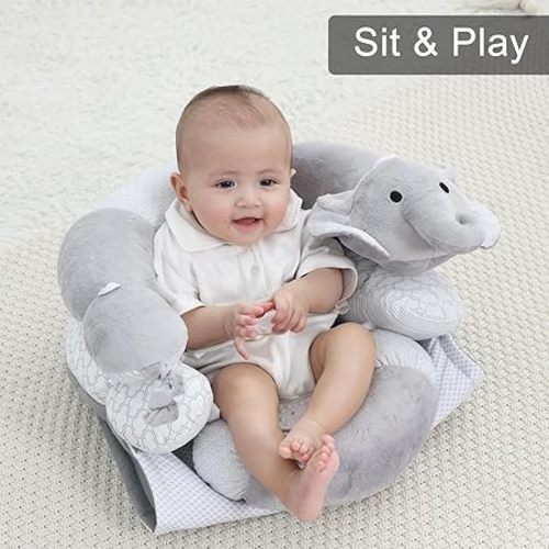 Lovvie & Joy 2-in-1 Tummy Time Mat & Seated Support Pillow,Baby Tummy Time Pillow Support for Newborns and Older Babies,with Detachable Support Pillow and Toys Elephant - Grey