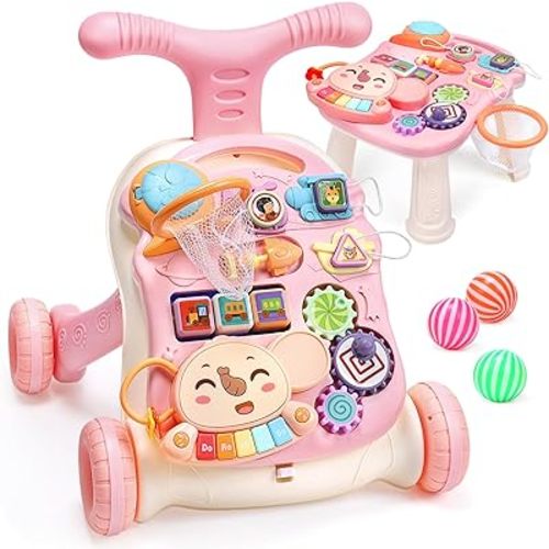 CUTE STONE 2-in-1 Baby Walker for Girls, Sit-to-Stand Learning Walker, Early Educational Push Walking Toys with Detachable Activity Center for Infants & Toddlers 12+ Months