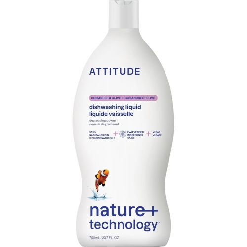 ATTITUDE Dishwashing Liquid, EWG Verified, Vegan Dish Soap, Plant Based, Naturally Derived Products, Olive and Coriander, 23.7 Fl Oz