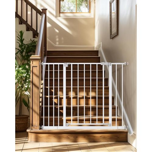 Mom's Choice Award-InnoTruth Baby Gate for Stairs 28.9-42.1" Wide, Dog Gate for Doorways Easy Step Walk Thro Expanded Dual Lock, Metal Pressure Mounted Easy Install Pet Gate for Dogs, White