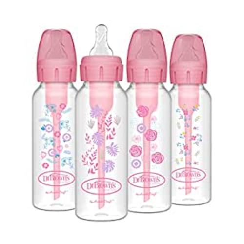 Amazon.com : Dr. Brown's Natural Flow Anti-Colic Options+ Narrow Baby Bottles, Floral Designs, 8oz/250mL, with Level 1 Slow Flow Nipples 4-Pack, Pink, 0m+ : Baby